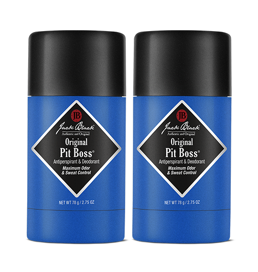 2 Pit Boss Deodorant units in front of the Pit Boss Duo Packaging and Box