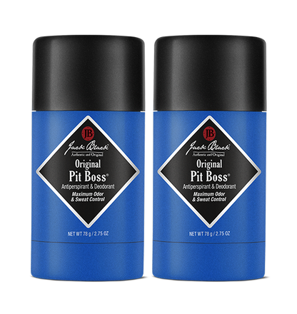  2 Pit Boss Deodorant units in front of the Pit Boss Duo Packaging and Box