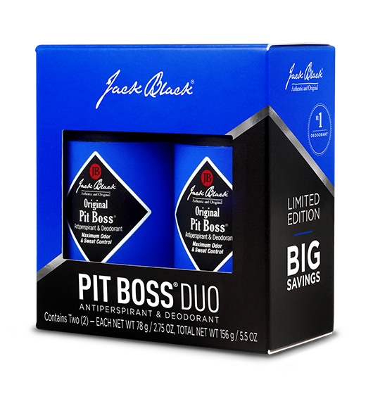  2 Pit Boss Deodorant units in front of the Pit Boss Duo Packaging and Box