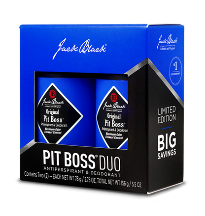  2 Pit Boss Deodorant units in front of the Pit Boss Duo Packaging and Box
