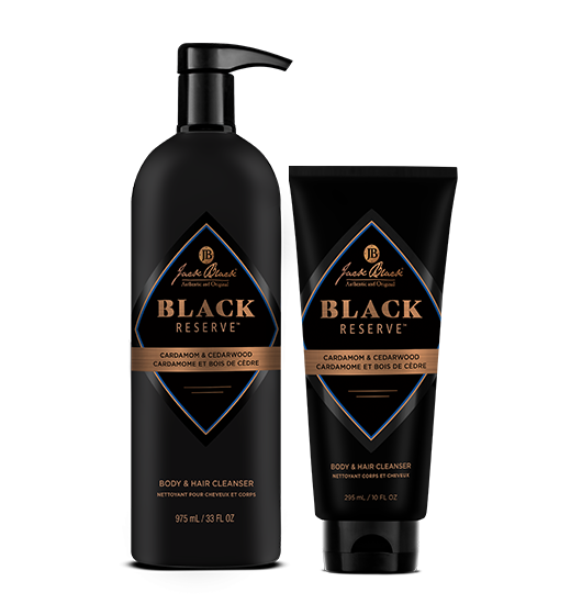   Black Reserve body wash set bottles in front of black reserve body wash bundle box and packaging