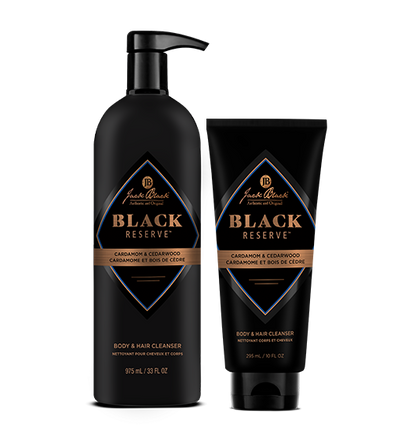   Black Reserve body wash set bottles in front of black reserve body wash bundle box and packaging