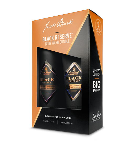   Black Reserve body wash set bottles in front of black reserve body wash bundle box and packaging