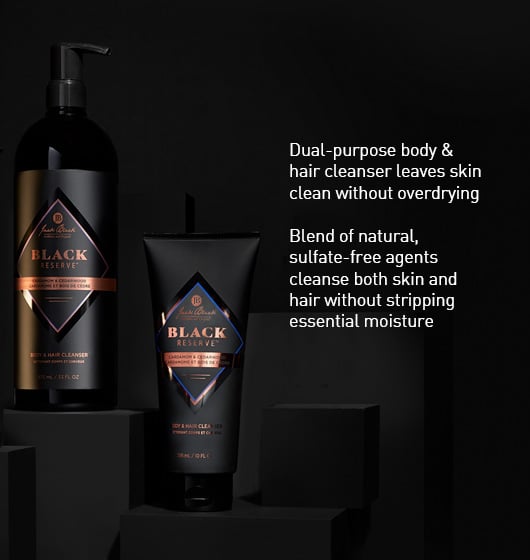   Black Reserve body wash set bottles in front of black reserve body wash bundle box and packaging