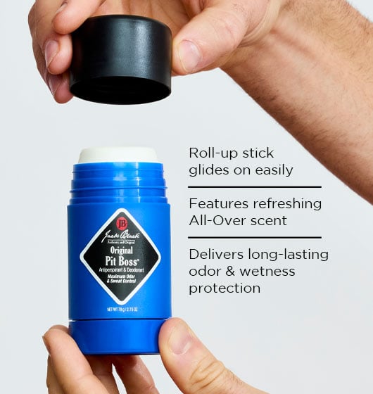  2 Pit Boss Deodorant units in front of the Pit Boss Duo Packaging and Box